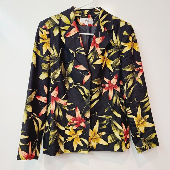 Le Suit Jackets & Blazers - Le Suit Suit Coat Blazer Jacket Black Red Yellow Floral Linen Blend Womens 10